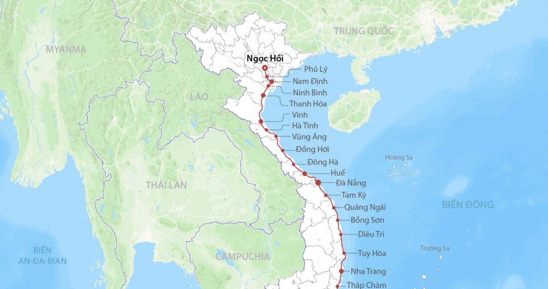 Dự kiến hướng tuyến và 23 ga hành khách của đường sắt tốc độ cao Bắc Nam. Đồ họa: Đăng Hiếu