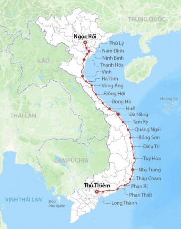Dự kiến hướng tuyến và 23 ga hành khách của đường sắt tốc độ cao Bắc Nam. Đồ họa: Đăng Hiếu