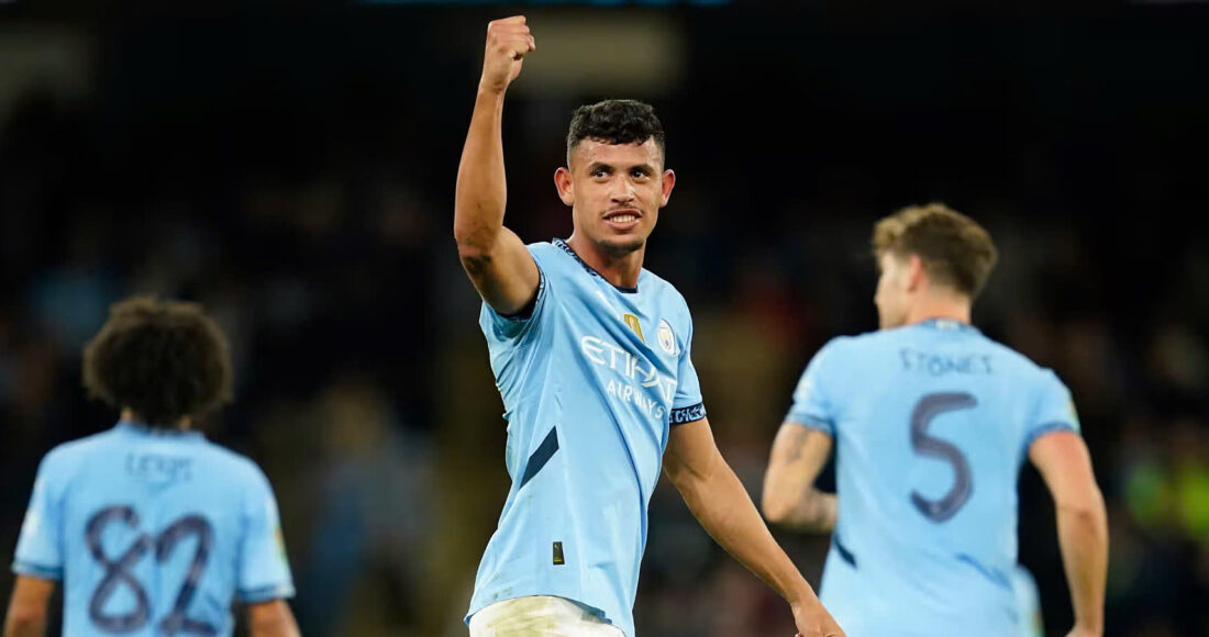 Tiền vệ Matheus Nunes mừng bàn thứ hai cho Man City. Ảnh: AP