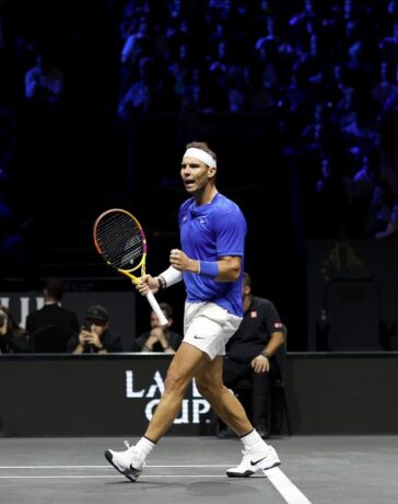 Nadal mừng một điểm thắng tại Laver Cup 2019. Ảnh: Reuters