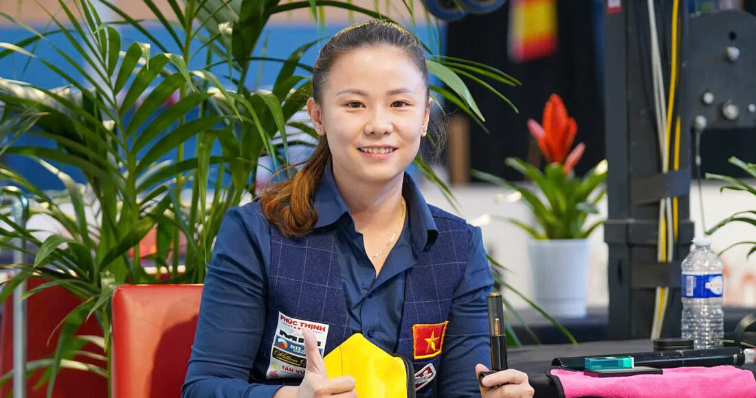 Yến Nhi trong trận tứ kết carom 3 băng nữ thế giới tại Pháp ngày 11/9/2024. Ảnh: Lifetime