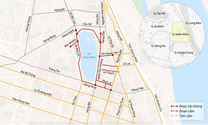 Màu đỏ là các tuyến đường tạm cấm. Đồ họa: Đăng Hiếu