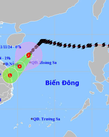 Dự báo hướng đi và khu vực ảnh hưởng của bão Yinxing, sáng 11/11. Ảnh: NCHMF
