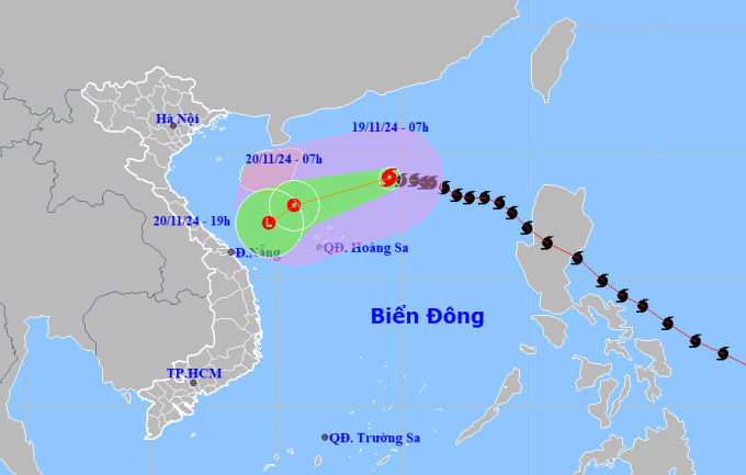 Dự báo đường đi và khu vực ảnh hưởng của bão Manyi. Ảnh: NCHMF
