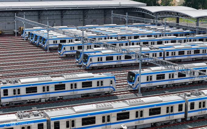 Các đoàn tàu metro số 1 Bến Thành - Suối Tiên đậu tại depot Long Bình, TP Thủ Đức, tháng 5/2024. Ảnh: Quỳnh Trần