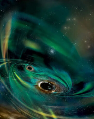 Hình ảnh nghệ thuật về cặp hố đen quái vật xoáy trong đám mây khí NASA/Aurore Simonnet. Ảnh: Đại học bang Sonoma