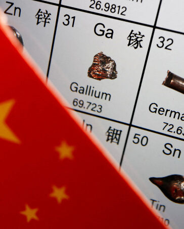 Cờ Trung Quốc cạnh các nguyên tố Gallium và Germaniumtrên bảng tuần hoàn. Ảnh:Reuters