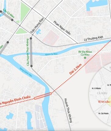 Hướng tuyến của cầu mới bắc qua sông Gành Hào. Đồ họa: Đăng Hiếu