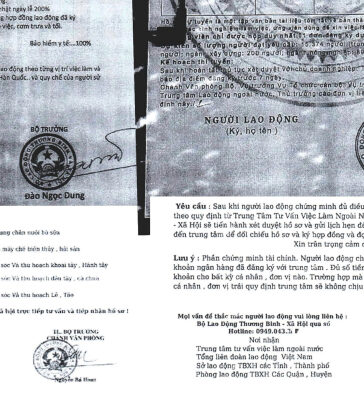 Trong văn bản giả mạo, kẻ gian làm giả con dấu, chữ ký lãnh đạo Bộ Lao động Thương binh và Xã hội, Trung tâm Lao động ngoài nước. Ảnh: Xuân Hoa