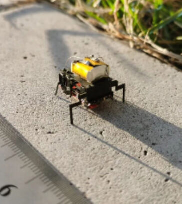 Robot côn trùng dài 2 cm, nặng dưới 2 gram và có phần nhô ra theo chiều thẳng đứng có kích thước bằng hai chiếc đinh. Ảnh: Đại học Hàng không Vũ trụ Bắc Kinh
