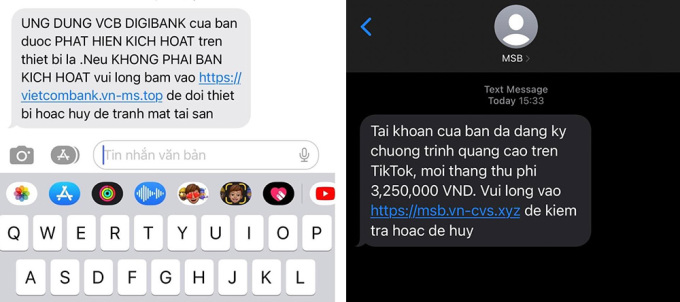 Tin nhắn giả mạo ngân hàng gửi đến khách hàng, có đường link lừa đảo, dẫn đến website mạo danh ngân hàng.